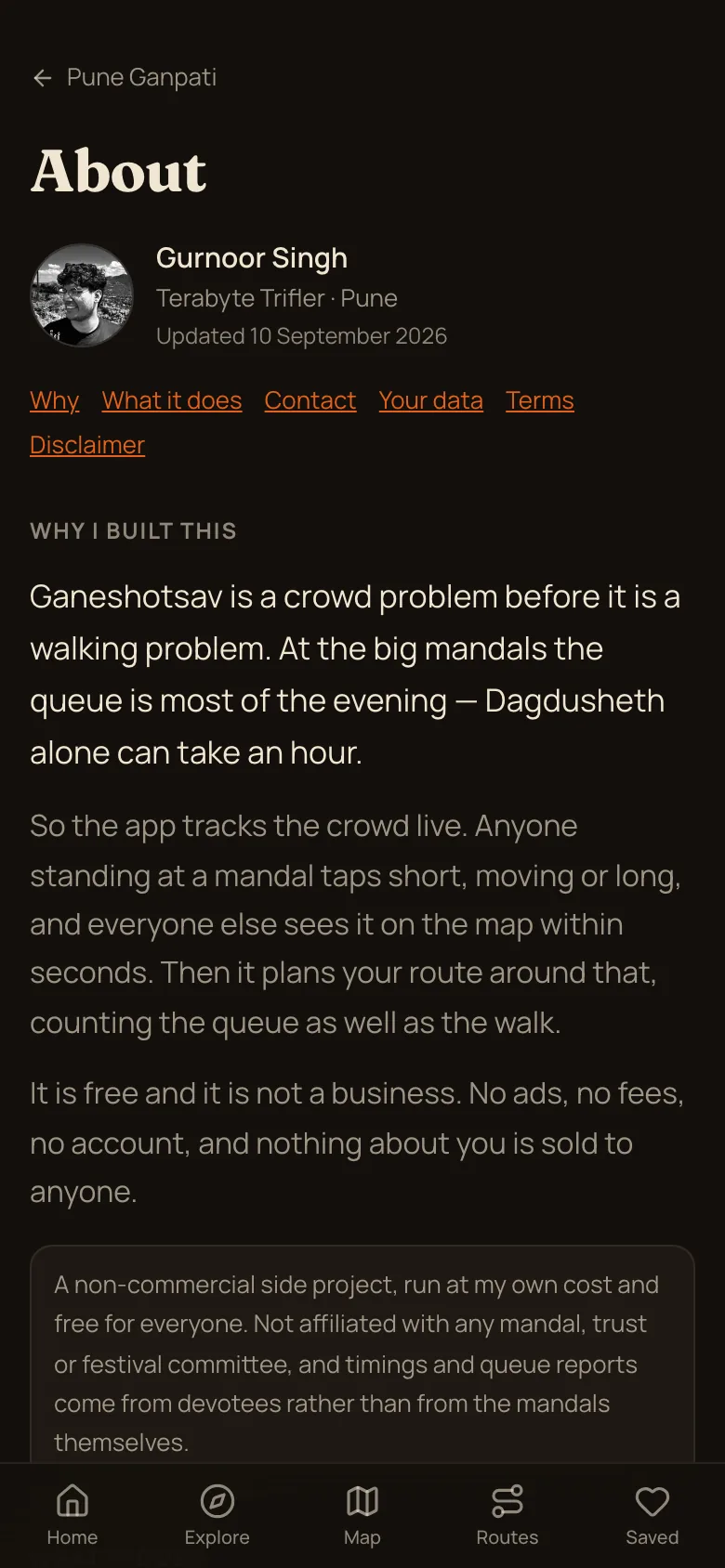 The About page with the author, contact details and section links