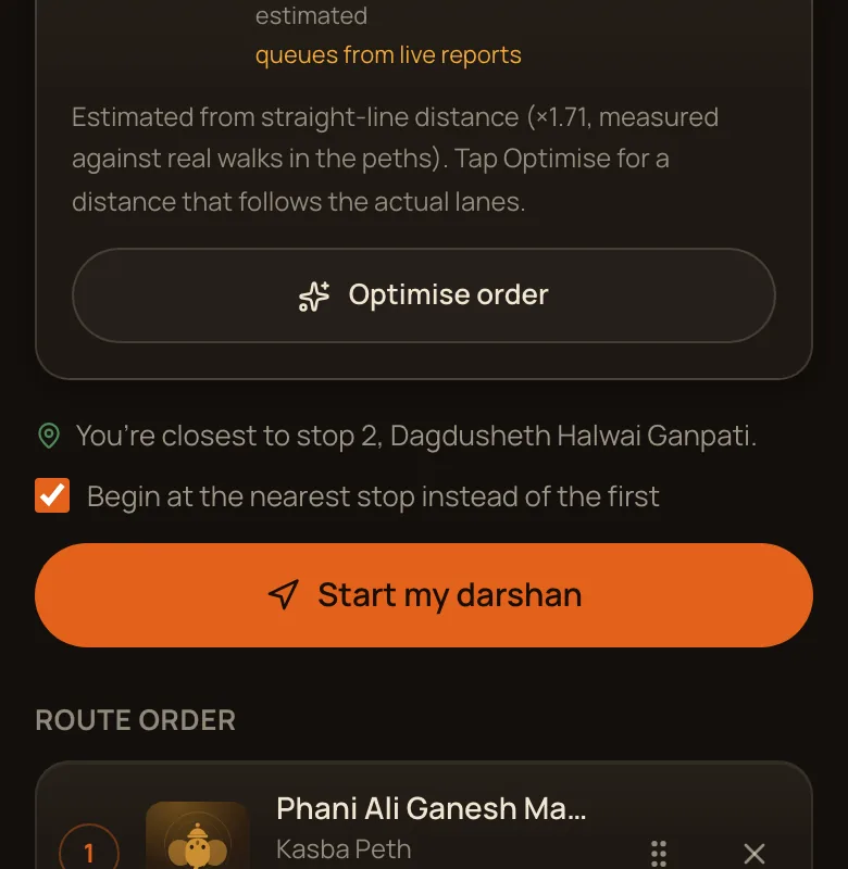 The Optimise order button above Start my darshan, which opens the route in Google Maps