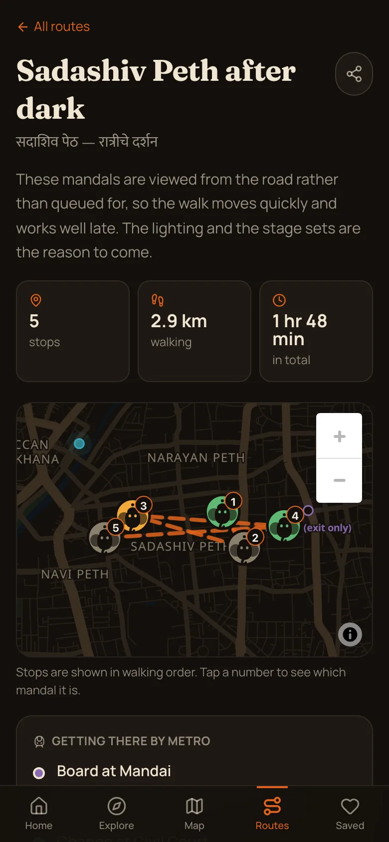 A single curated route with its stops drawn on a map